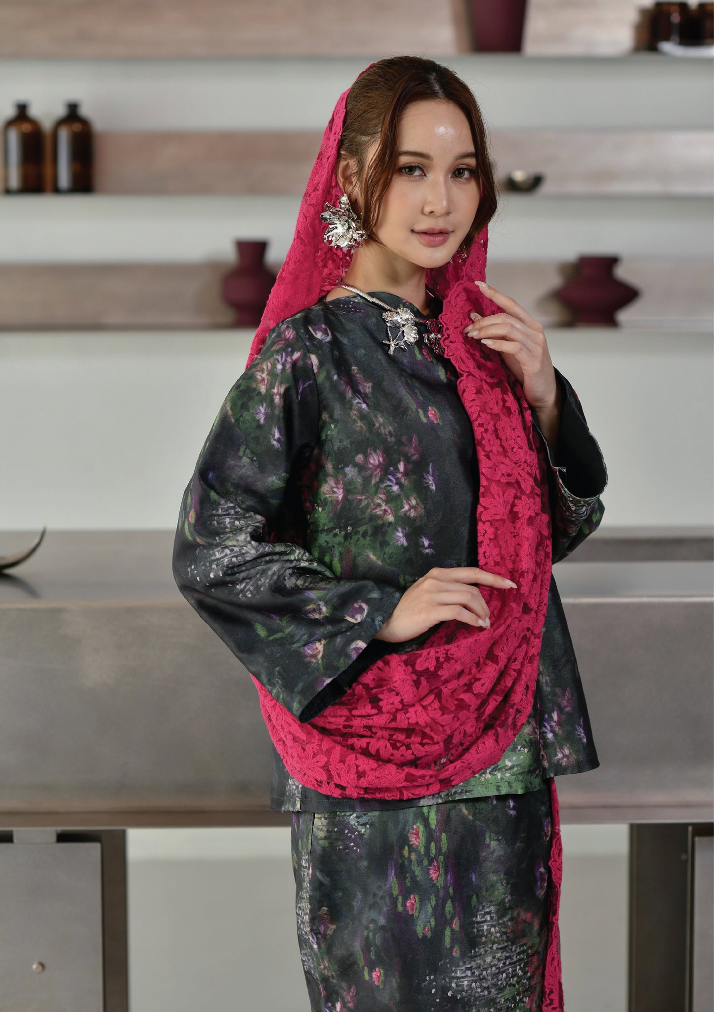 Mystical Green Kurung Kedah with Sari Ros Selempang